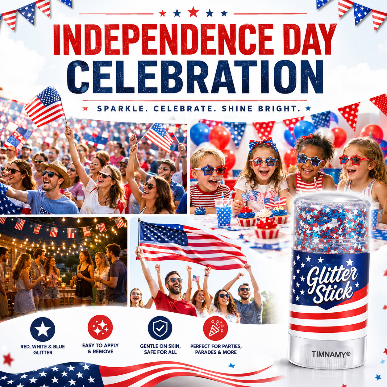 🔥 Last Day: 70% Off 🎆TIMNAMY® No-Glue Patriotic Glitter Stick | Waterproof Long-Lasting Glitter for Face, Hair & Body 🗽