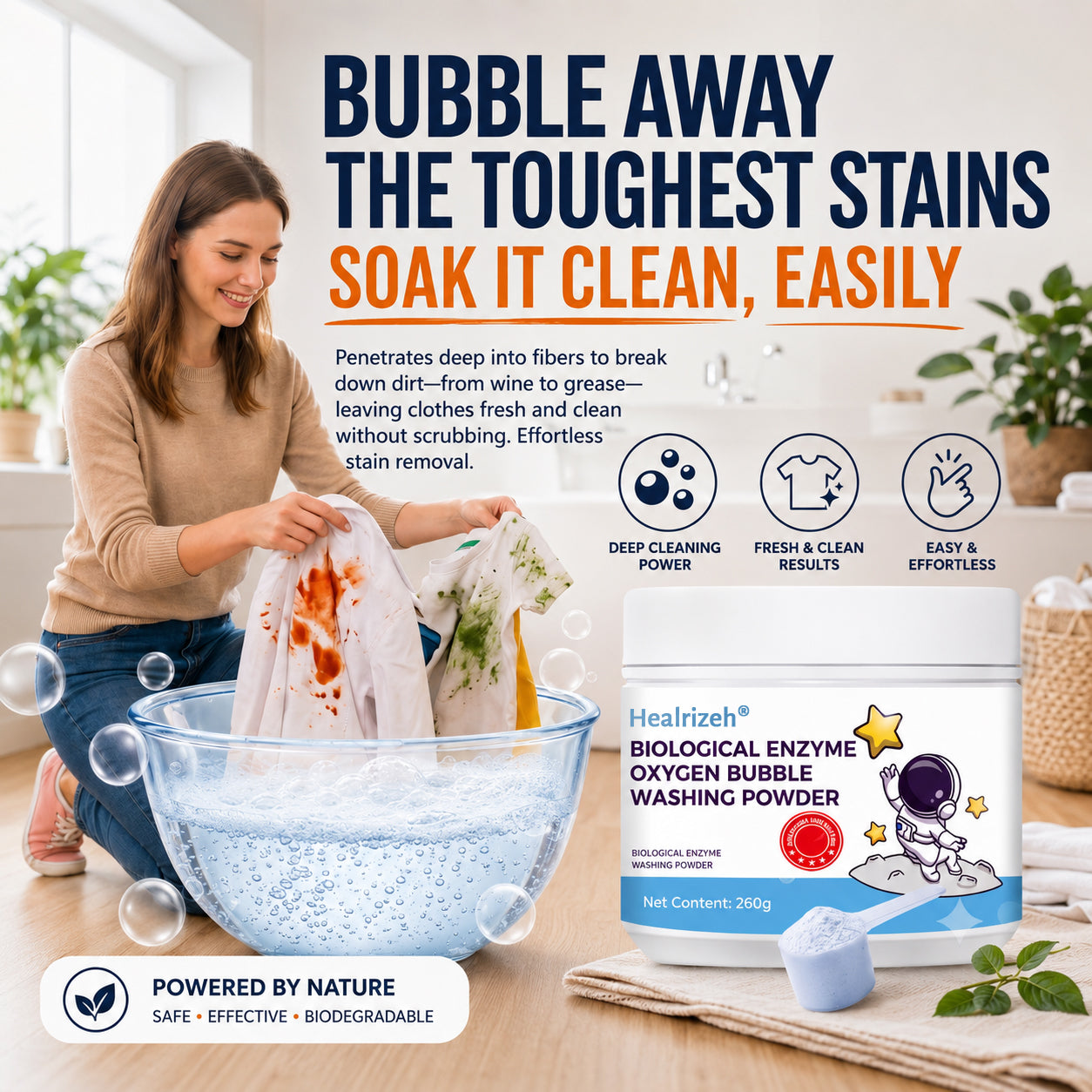 🔥 Healrizeh® Biological Enzyme Oxygen Bubble Washing Powder | Deep Stain Remover for Clothes, Towels, Bedding & White Sneakers🎉🎉1