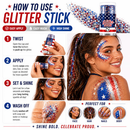 🔥 Last Day: 70% Off 🎆TIMNAMY® No-Glue Patriotic Glitter Stick | Waterproof Long-Lasting Glitter for Face, Hair & Body 🗽