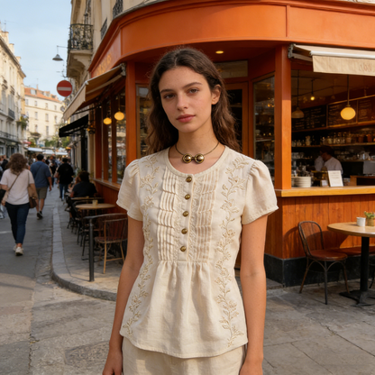 Wildflower Whisper Embroidered Linen Blouse: The Cottagecore Short-Sleeve Top