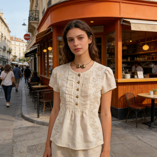 Wildflower Whisper Embroidered Linen Blouse: The Cottagecore Short-Sleeve Top