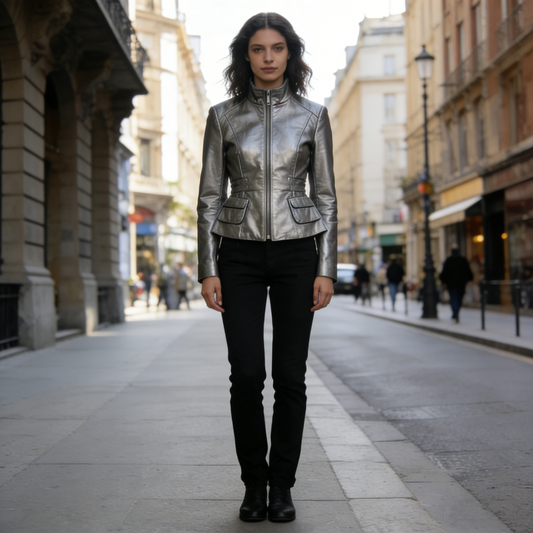Stellar Shine Metallic Leather Biker Jacket: The Modern Silhouette Outerwear