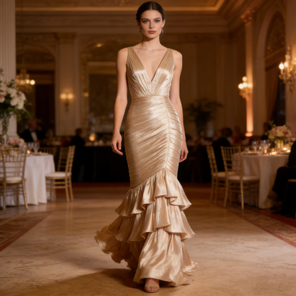 Golden Ripple Mermaid Evening Gown: The Luxe Satin Trailing Dress
