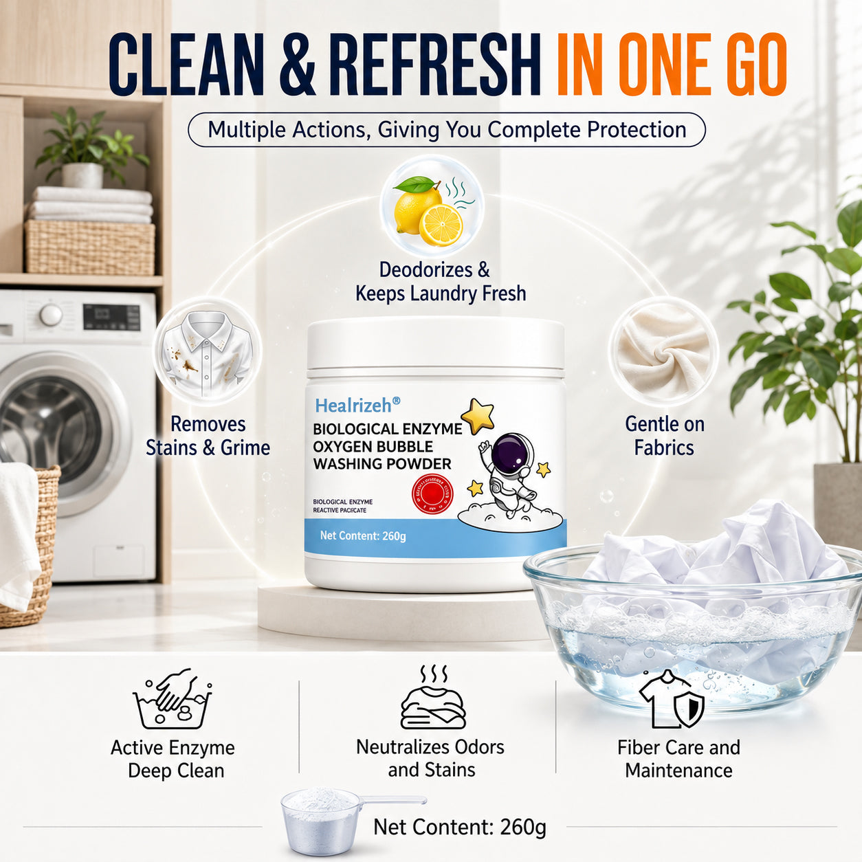 🔥 Healrizeh® Biological Enzyme Oxygen Bubble Washing Powder | Deep Stain Remover for Clothes, Towels, Bedding & White Sneakers🎉🎉1