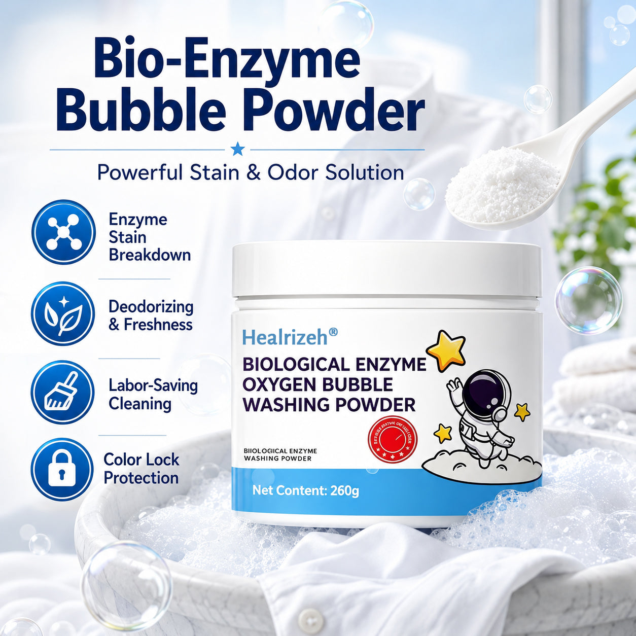 🔥 Healrizeh® Biological Enzyme Oxygen Bubble Washing Powder | Deep Stain Remover for Clothes, Towels, Bedding & White Sneakers🎉🎉1