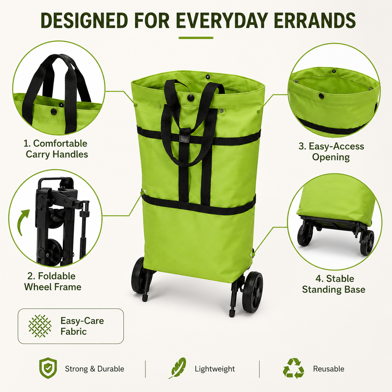 Healrize® Foldable Rolling Shopping Trolley | Lightweight Collapsible Grocery Cart with Smooth-Rolling Wheels, Spacious Removable Bag & Compact Storage