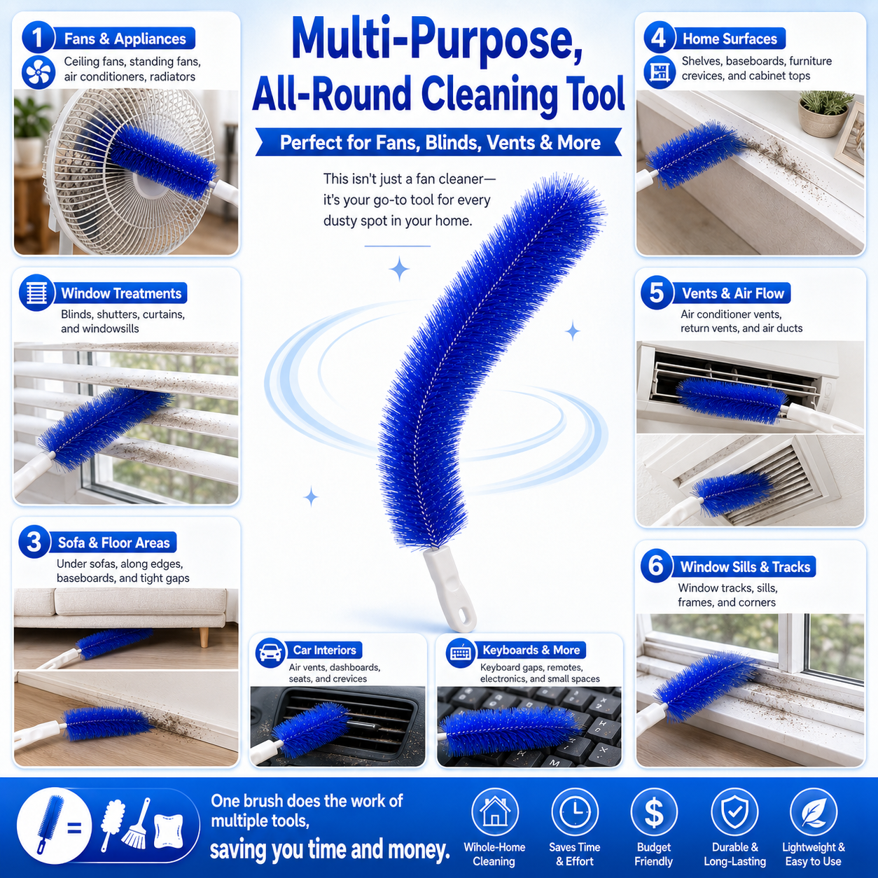 Bendable Fan Cleaning Brush – Reusable Microfiber Duster for Fans&Curtain