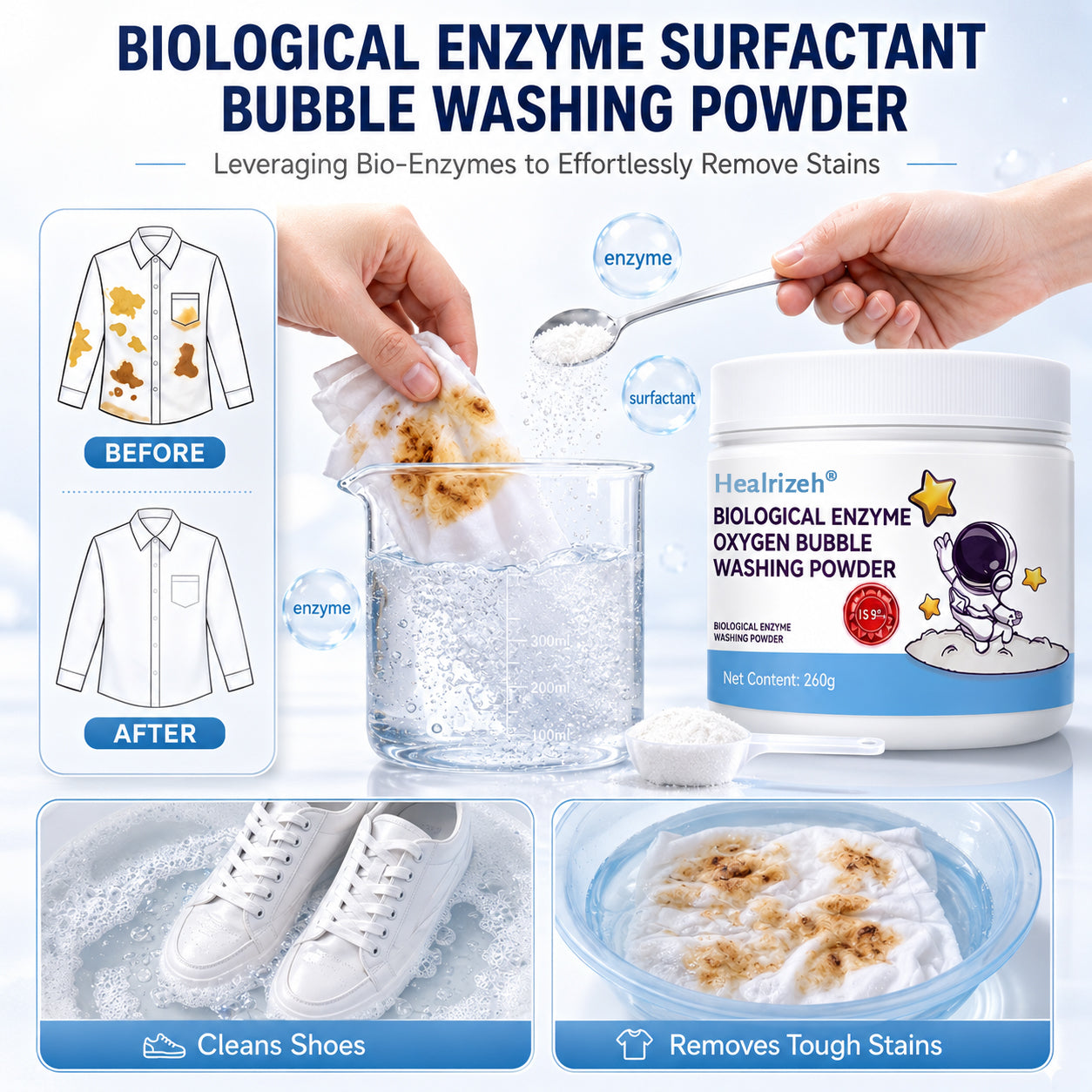 🔥 Healrizeh® Biological Enzyme Oxygen Bubble Washing Powder | Deep Stain Remover for Clothes, Towels, Bedding & White Sneakers🎉🎉1