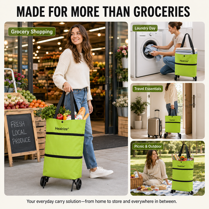 Healrize® Foldable Rolling Shopping Trolley | Lightweight Collapsible Grocery Cart with Smooth-Rolling Wheels, Spacious Removable Bag & Compact Storage