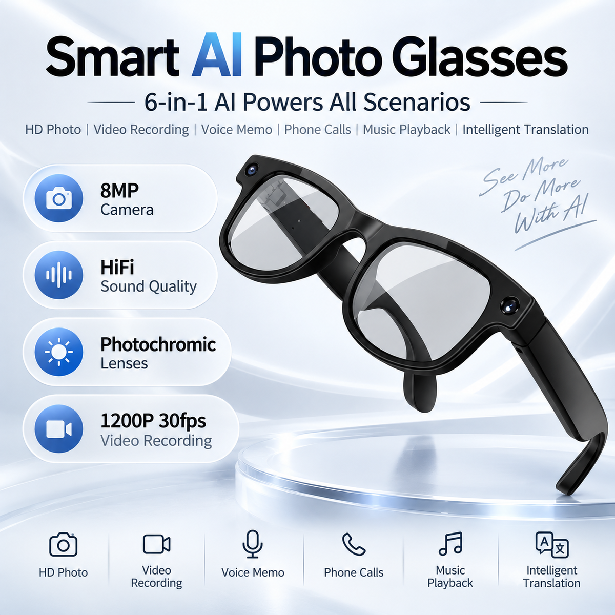 🤖Healrize®Smart AI Translation Camera Bluetooth Glasses👓—8 MP Pixels, 160+ Languages, Real-Time Translation