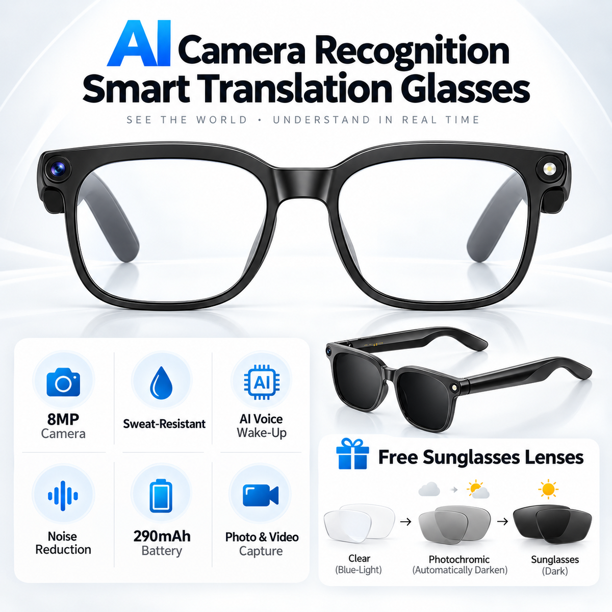 🤖Healrize®Smart AI Translation Camera Bluetooth Glasses👓—8 MP Pixels, 160+ Languages, Real-Time Translation