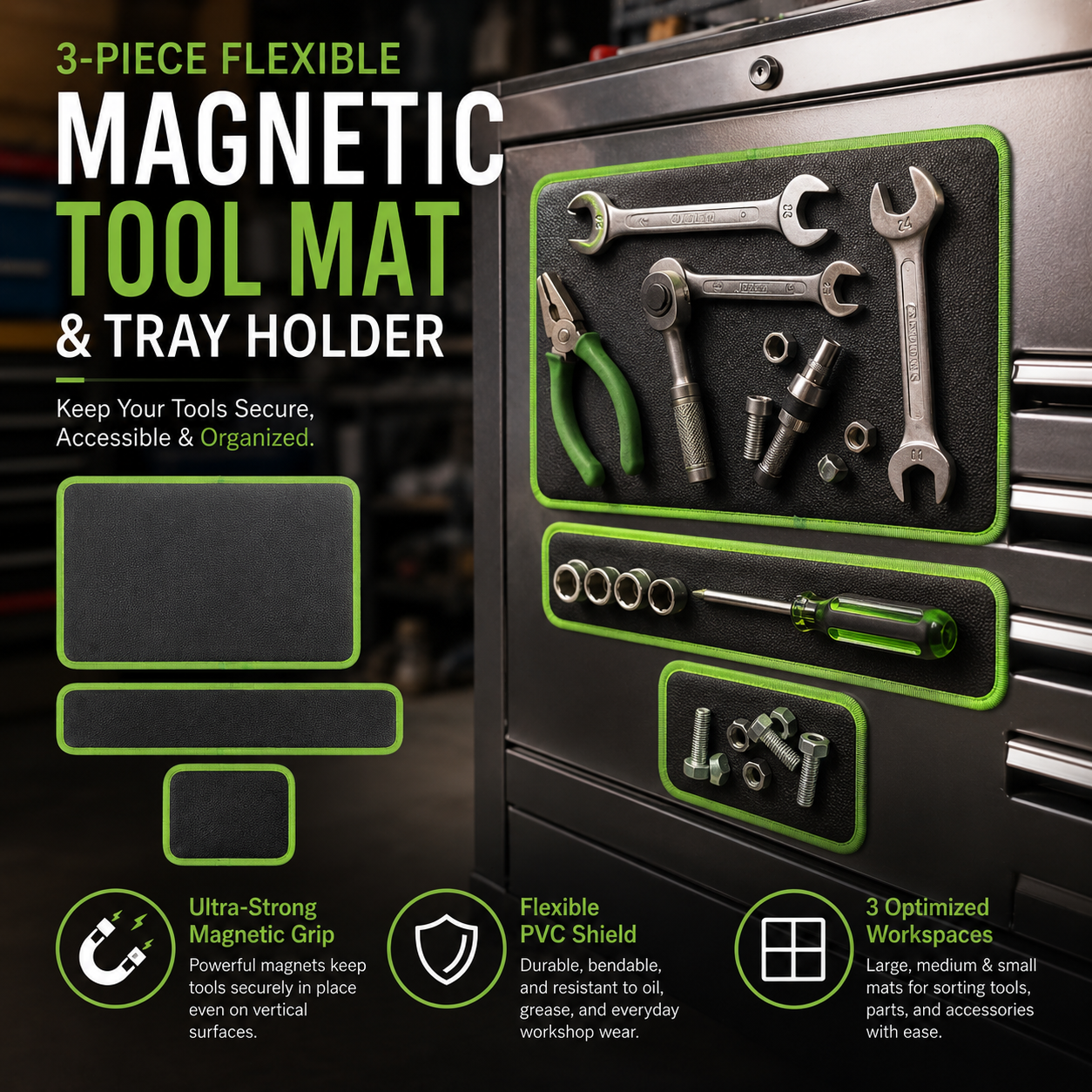 🛠️ Healrize® Flexible Magnetic Tool Mat & Tray Holder | Heavy-Duty Magnetic Parts Organizer for Screws, Bolts, Wrenches, Auto Repair & Garage Work🧲1