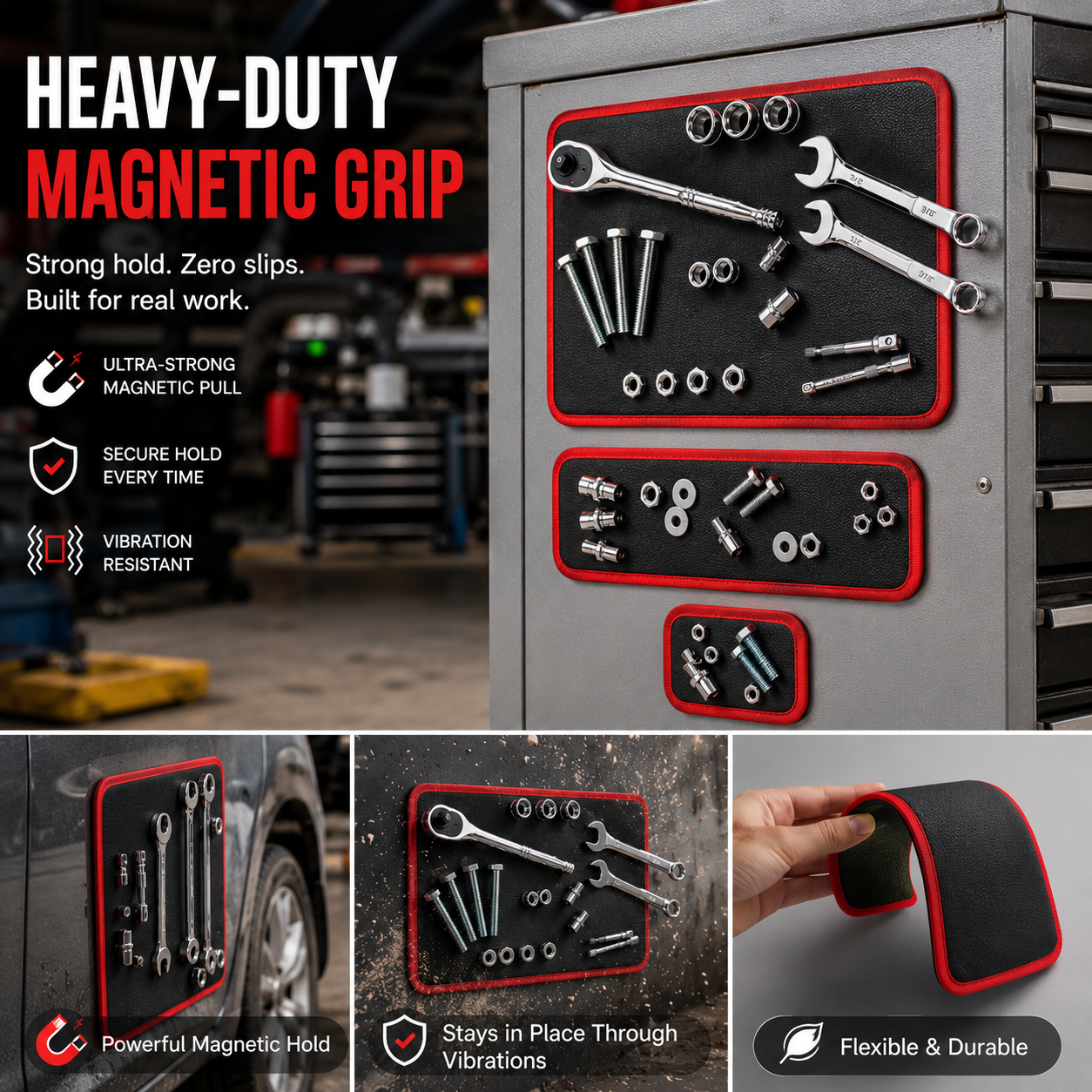 🛠️ Healrize® Flexible Magnetic Tool Mat & Tray Holder | Heavy-Duty Magnetic Parts Organizer for Screws, Bolts, Wrenches, Auto Repair & Garage Work🧲1