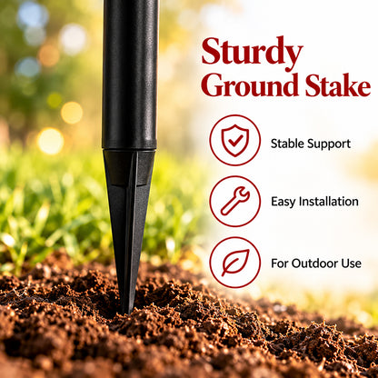 Black pointed ground stake shown inserted in soil
